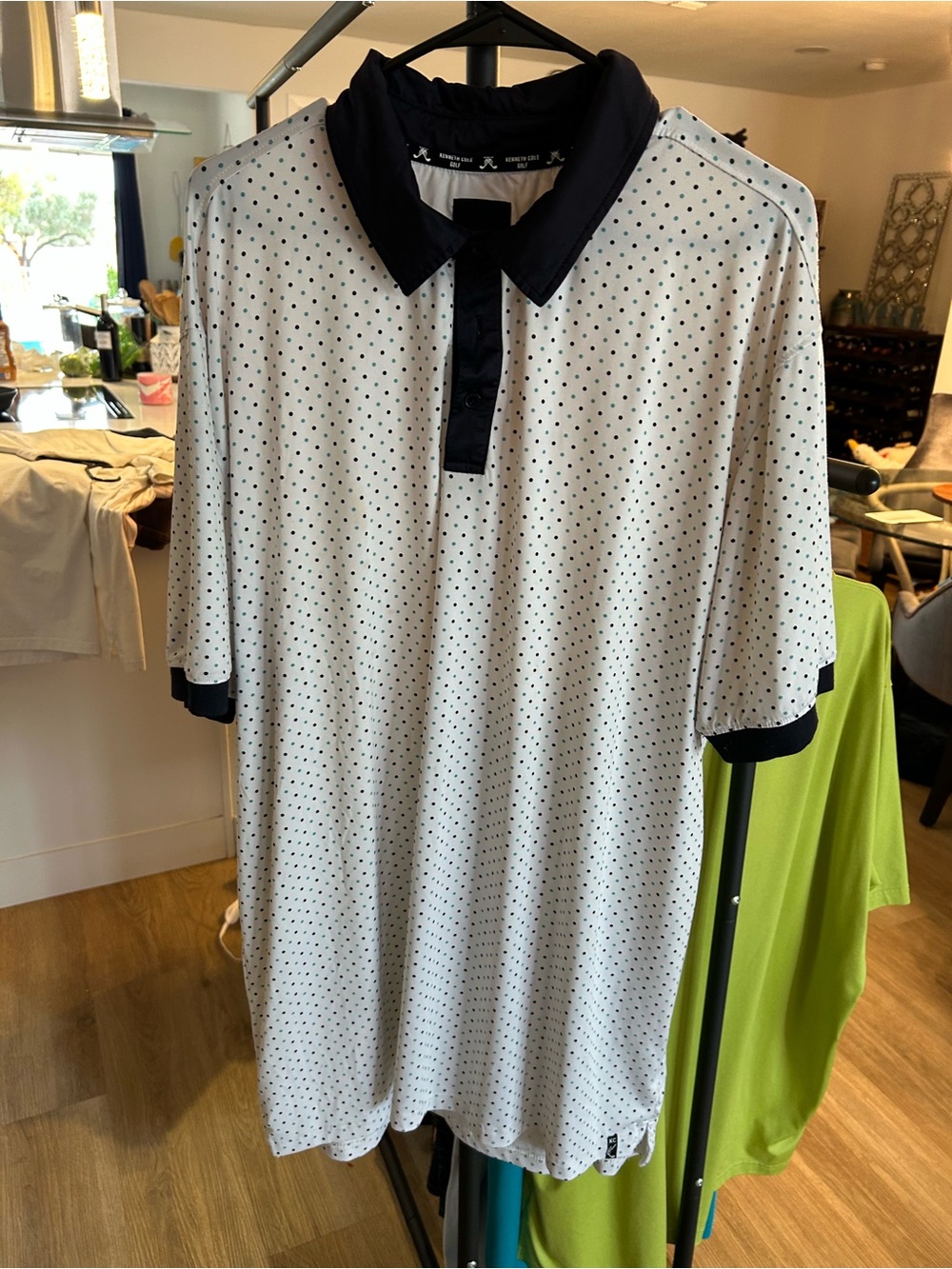 Kenneth Cole White Polo with Black Collar and Micro Dot Print